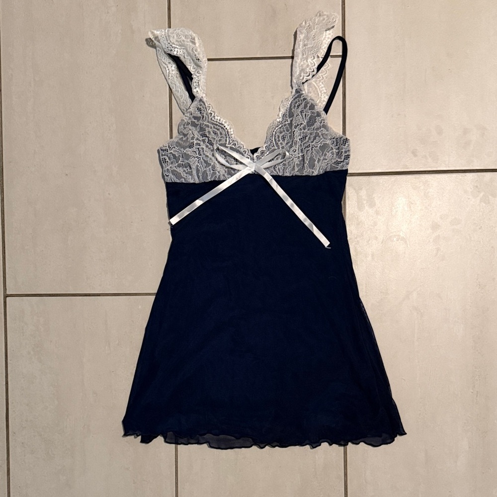 Elegant Lace Trim Nightdress - Navy with White lace trim